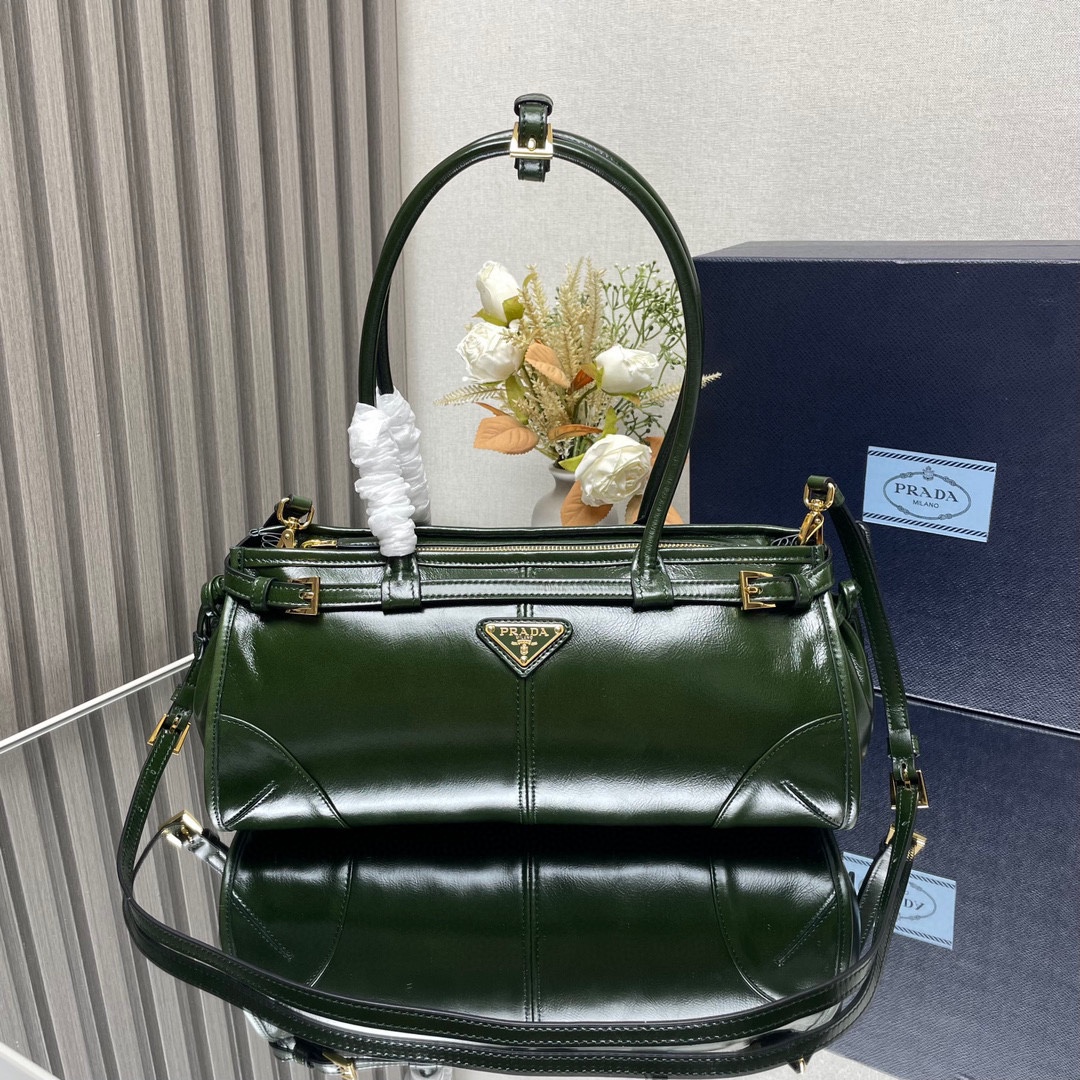 Prada Medium LusSolf Leather Handbag Bag Tote Army Green 1BA426